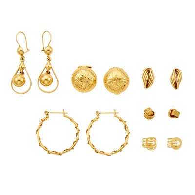 Lot 2420 - Six Pairs of Gold Earclips and Earrings