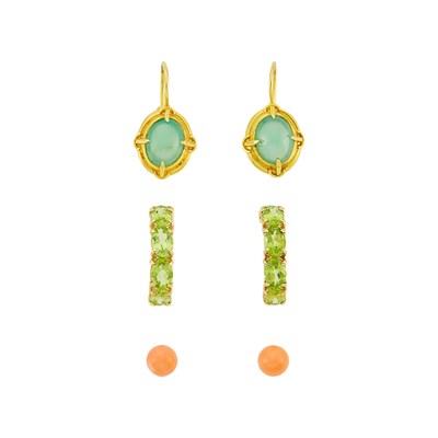 Lot 1267 - Pair of Gold and Chrysoprase Earrings, Peridot Earrings and Coral Earrings