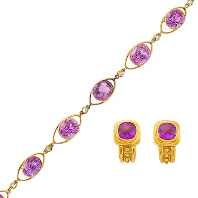 Lot 2387 - Gold, Amethyst and Rock Crystal Bracelet and Pair of Gold and Amethyst Earrings