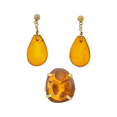 Lot 1264 - Gold and Amber Ring and Pair of Metal and Amber Pendant-Earrings