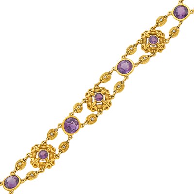 Lot 1188 - Antique Gold, Amethyst and Split Pearl Bracelet