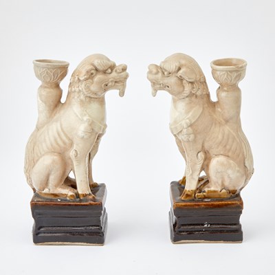 Lot 122 - A Pair of Chinese Tang-style Lion Form Ceramic Candlesticks