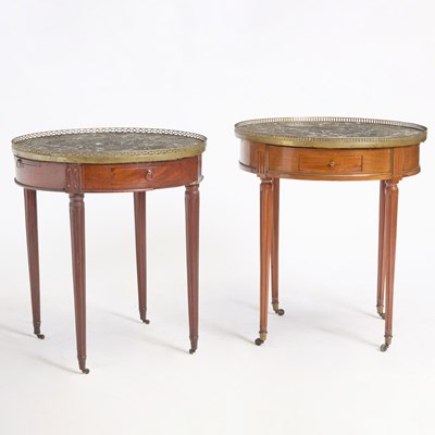 Lot 352 - Two Louis XVI Fruitwood Marble Top Bouillotte Tables