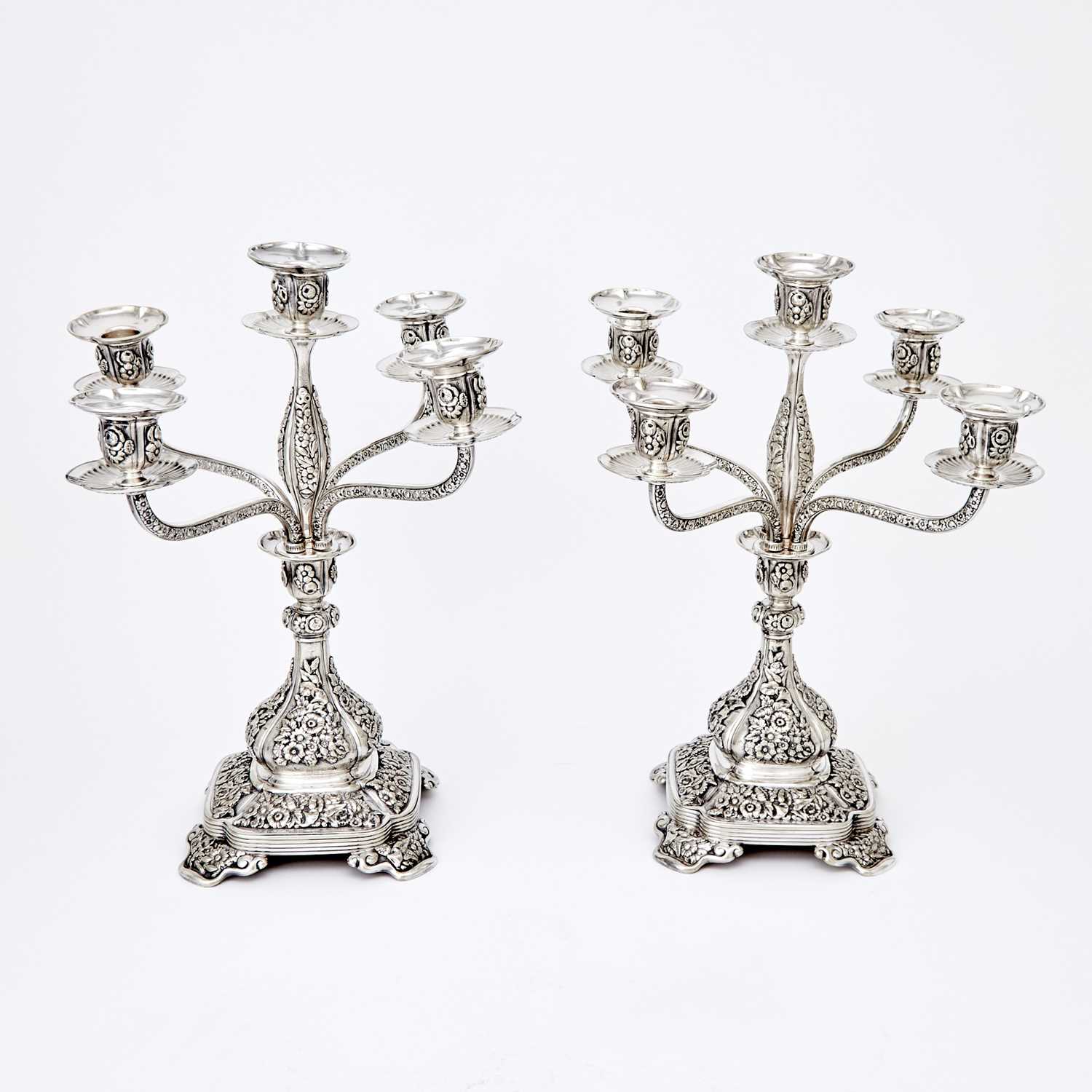 Lot 132 - Pair of Tiffany & Co. Silver Plated Five-Light Candelabra