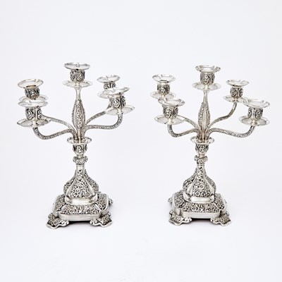 Lot 289 - Pair of Tiffany & Co. Silver Plated Five-Light Candelabra