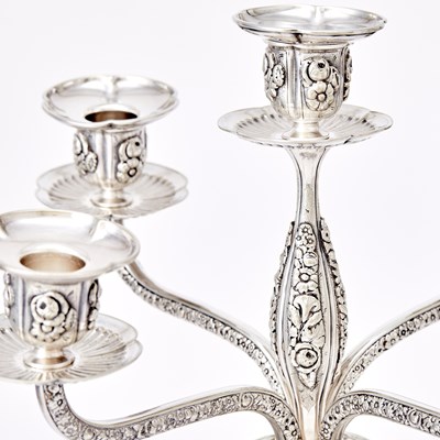 Lot 132 - Pair of Tiffany & Co. Silver Plated Five-Light Candelabra
