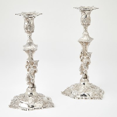 Lot 277 - Pair of Elizabeth II Sterling Silver Chinoiserie Figural Candlesticks