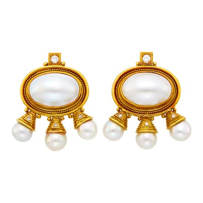 Lot 126 - Elizabeth Gage Pair of Gold, Mabé and Semi-Baroque Cultured Pearl and Diamond 'African Queen' Earrings