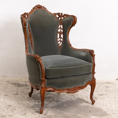 Lot 7 - Rococo Revival Carved Wood Upholstered Wing Chair