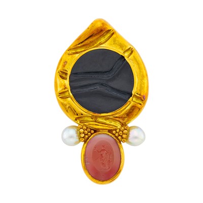 Lot 121 - Elizabeth Gage Gold, Carnelian Intaglio, Carved Black Hardstone and Semi-Baroque Gray Cultured Pearl Brooch