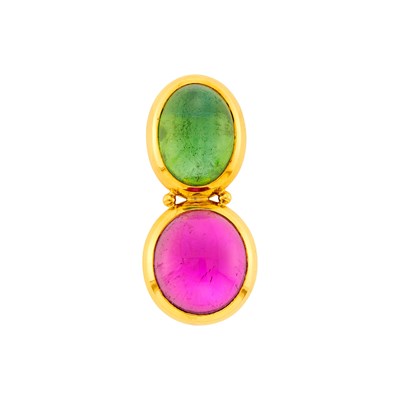 Lot 100 - Elizabeth Gage Gold, Cabochon Pink and Green Tourmaline and Mother-of-Pearl Brooch