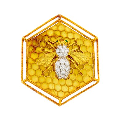 Lot 132 - Herbert Rosenthal Two-Color Gold and Diamond Bee/Honeycomb Pendant-Brooch