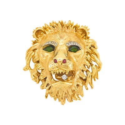 Lot 1108 - Gold, Green Tourmaline, Ruby and Diamond Lion Pendant-Brooch