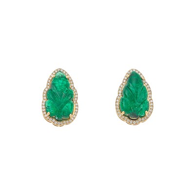 Lot 1233 - Pair of Gold, Carved Emerald and Diamond Earrings