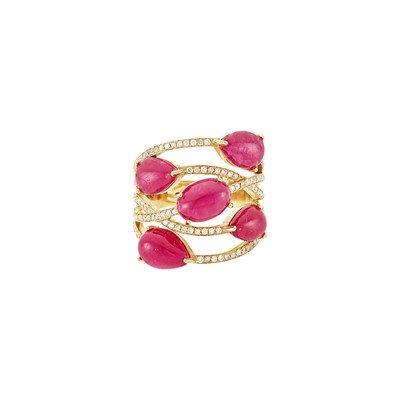 Lot 2378 - Gold, Cabochon Ruby and Diamond Ring