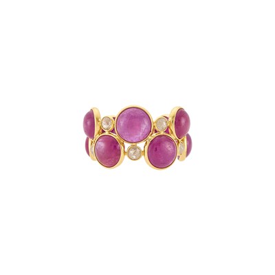 Lot 1231 - Gold, Cabochon Ruby and Diamond Band Ring