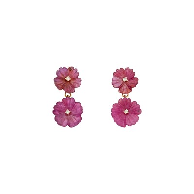 Lot 1228 - Pair of Gold, Carved Pink Sapphire and Diamond Flower Pendant-Earrings