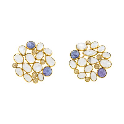 Lot 1217 - Pair of Gold, Moonstone, Tanzanite and Diamond Earrings