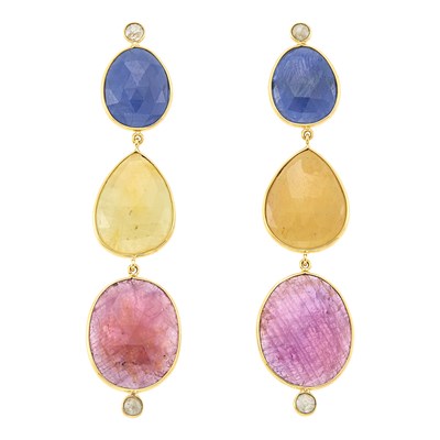 Lot 1240 - Pair of Gold, Multicolored Sapphire and Diamond Pendant-Earrings