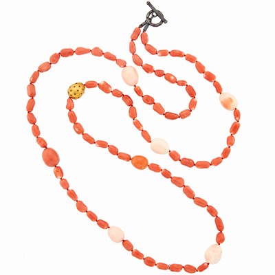 Lot 2436 - Long Coral, Angel Skin Coral, Gold and Ruby Bead Necklace with Silver Clasp, Attributed to Yossi Harari