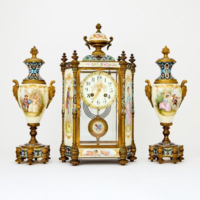 Lot 185 - French Gilt-Metal, Champlevé Enamel and Porcelain Clock Garniture