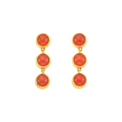 Lot 1225 - Gurhan Pair of High Karat Gold and Carnelian Pendant-Earrings