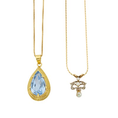 Lot 1278 - Two Gold, Pearl and Synthetic Blue Spinel Pendants with Chain Necklaces