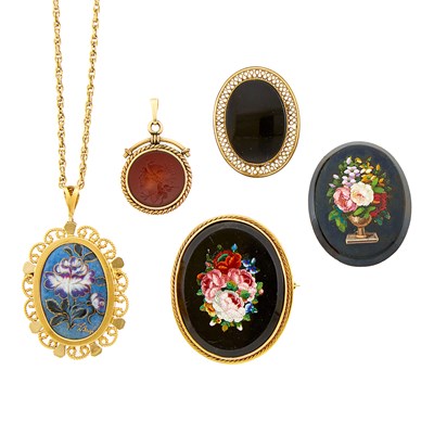 Lot 2184 - Group of Gold, Low Karat Gold, Gold-Plated, Black Onyx, Micromosaic and Cloisonné Enamel Jewelry