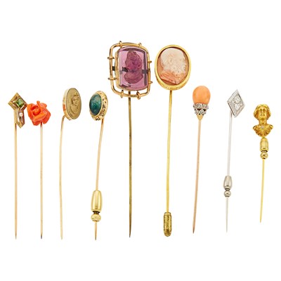 Lot 2190 - Nine Gold, Platinum, Gold-Filled, Hardstone and Diamond Stick Pins