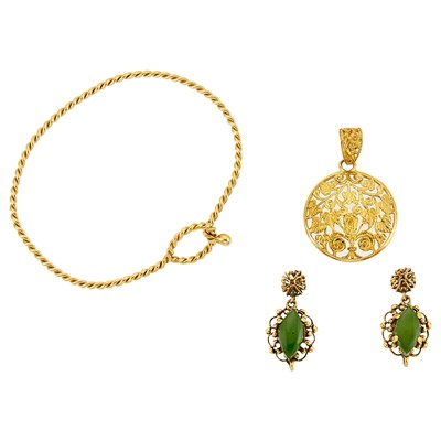 Lot 1265 - Gold Pendant, Pair of Nephrite Pendant-Earrings and Bangle Bracelet