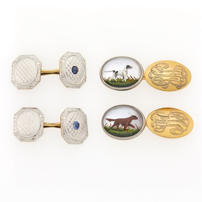 Lot 2243 - Pair of Two-Color Gold and Reverse Crystal Intaglio Cufflinks and Pair of Gold, Platinum and Cabochon Sapphire Cufflinks