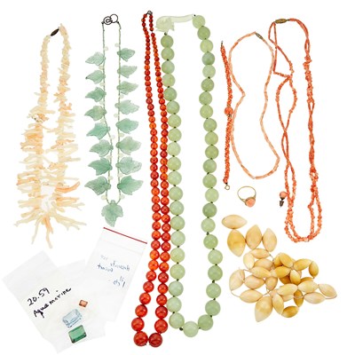 Lot 1323 - Group of Coral, Carnelian, Shell, Aventurine Quartz and Jade Bead Necklaces, Ring and Unmounted Stones