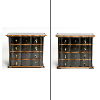 Lot 364 - Pair of Black Painted "Dorothy Draper" Style Chest of Drawers