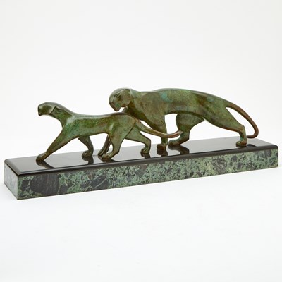 Lot 300 - French Art Deco Green and Brown Patinated Bronze Animalier Group of Two Panthers