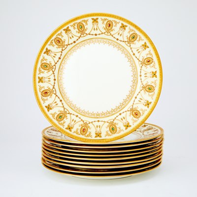 Lot 212 - Ten Cauldon Porcelain ‘Jeweled’ Gilt-Decorated Service Plates