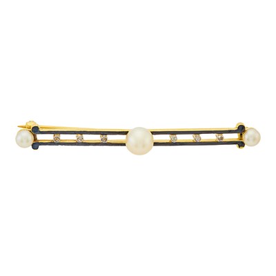 Lot 1195 - Antique Gold, Pearl, Black Enamel and Diamond Bar Pin