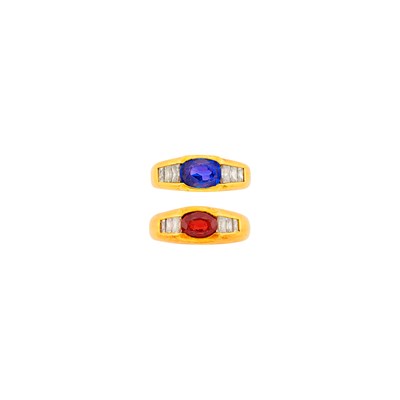 Lot 177 - Pair of Gold, Tanzanite, Red Spinel and Diamond Rings