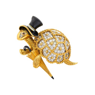 Lot 1167 - Two-Color Gold, Diamond and Enamel Turtle Brooch