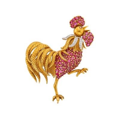 Lot 1165 - Tiffany & Co. Gold, Platinum, Ruby and Diamond Rooster Brooch