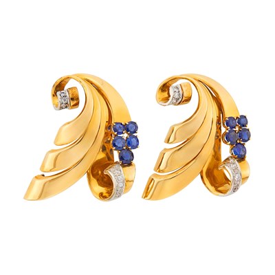 Lot 1112 - Pair of Gold, Platinum, Sapphire and Diamond Ribbon Clip-Brooches