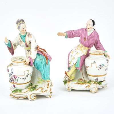 Lot 8 - Pair of Chelsea Porcelain Chinoiserie Figural Flower-Holders