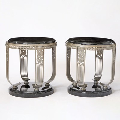 Lot 424 - Pair of Edgar Brandt Style Metal and Marble Top Circular Side Tables