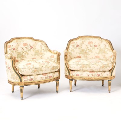 Lot 323 - Pair of Louis XVI Style Parcel Gilt and Painted Upholstered Bergères à la Reine