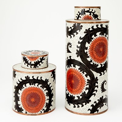 Lot 466 - Two Fabienne Jouvin Cloisonné Enameled Copper "Ouzbeck" Pattern Jars with Covers