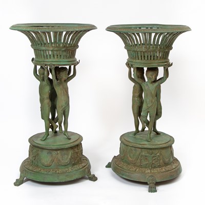 Lot 383 - Pair of Neoclassical Style Green Patinated Metal Figural and Basket-Form Garden Plant Holders