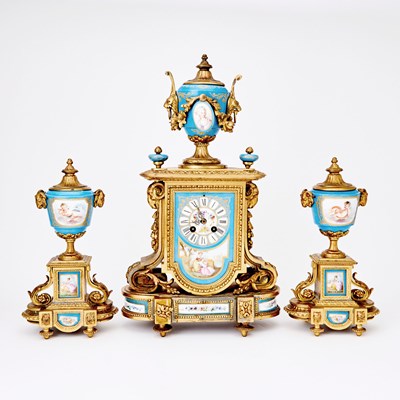 Lot 335 - Louis XVI Style Gilt-Metal and Turquoise-Ground Porcelain Three-Piece Clock Garniture