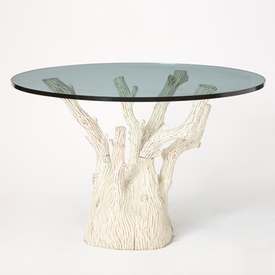 Lot 430 - White Painted Wood Glass Top Tree Trunk Table