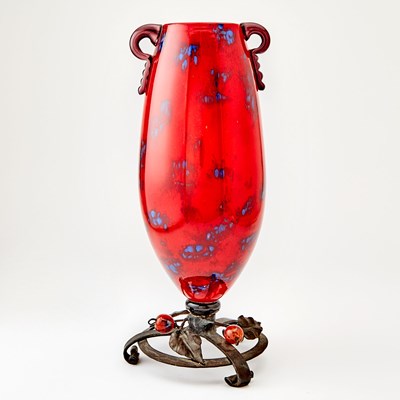 Lot 260 - Schneider Art Deco Blown Glass and Wrought-Iron Vase