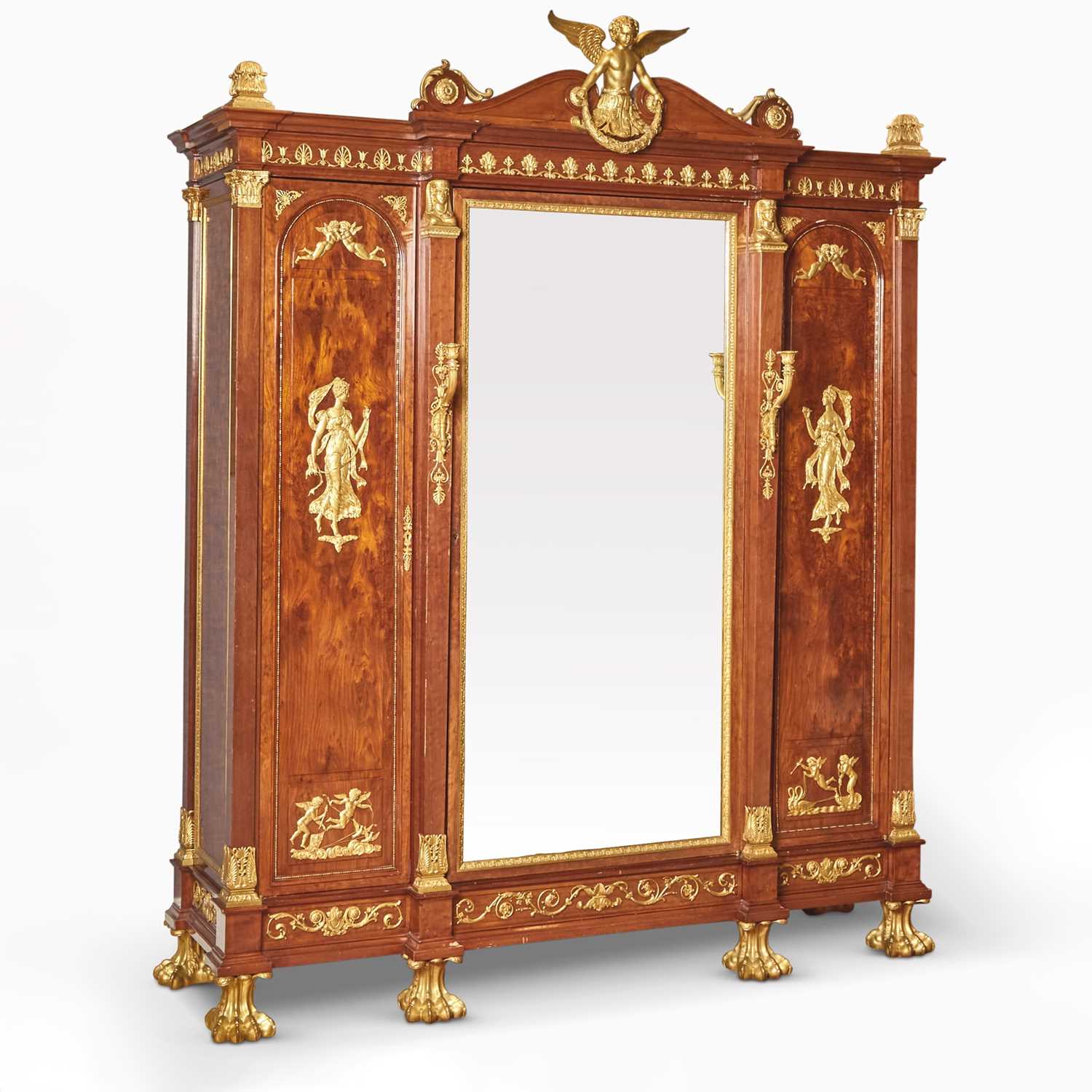 Lot 470 - Late Empire Gilt-Bronze Mounted Plum-Pudding Mahogany Mirrored Three-Door Armoire