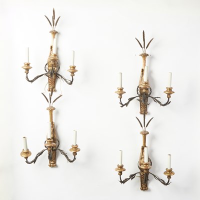 Lot 228 - Set of Four Three Light Gilt Wood and Metal Sconces